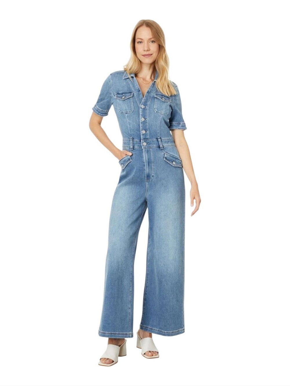 Paige Harper Denim Ankle Jumpsuit Wide Leg Stretch Short Sleeve Size 4